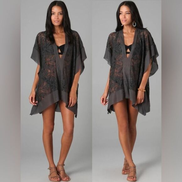 Nightcap by Carisa Rene Jungle Lace Kaftan Cover Up Ash Gray Silk Trim ~ Revolve - Picture 1 of 12